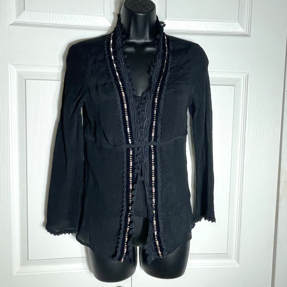 Vintage Y2K Express Shirt Junior 7/8 Black Silk Babydoll Ribbon Lace Whimsigoth - Picture 1 of 11